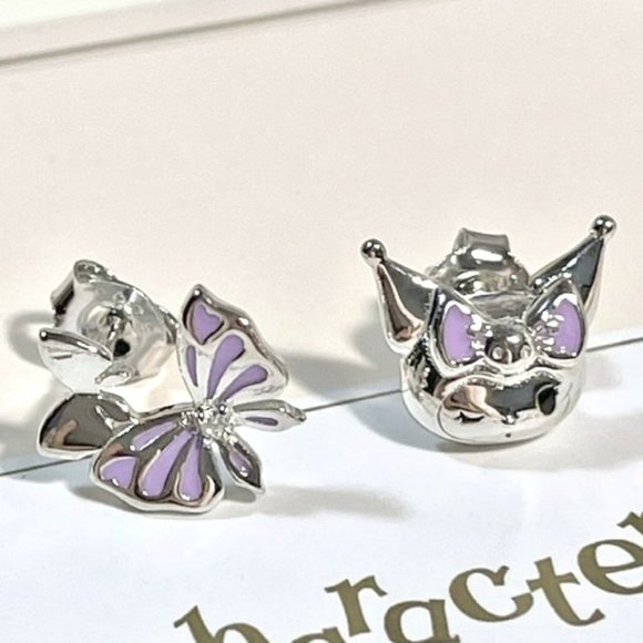 Kuromi Stud Earrings Silver Kuromi & Bow with Purple Enamel & Rhinestone on Bow - Picture 1 of 6